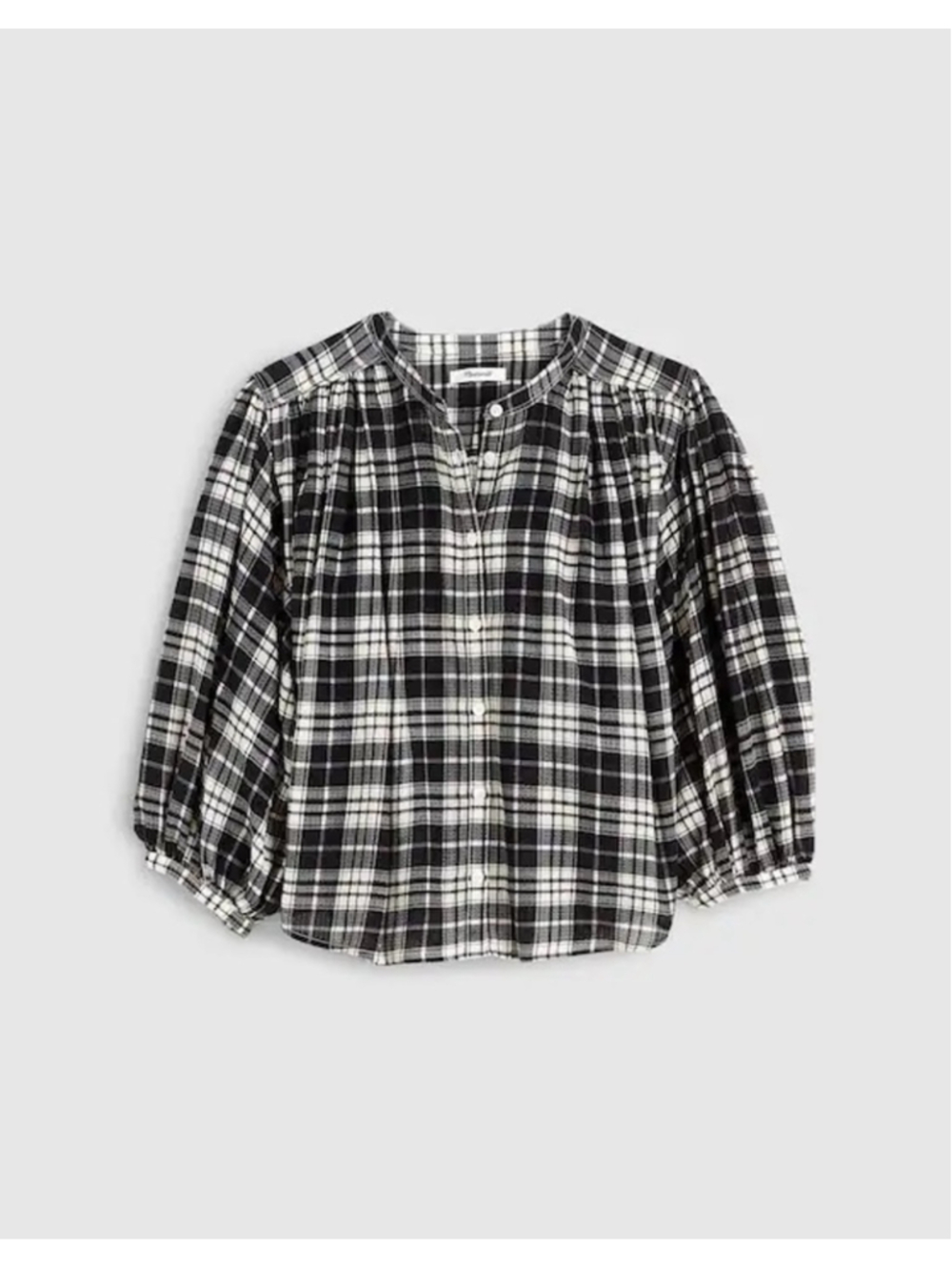 NWT Madewell Shirred Crewneck Button-Up Top in Plaid size medium